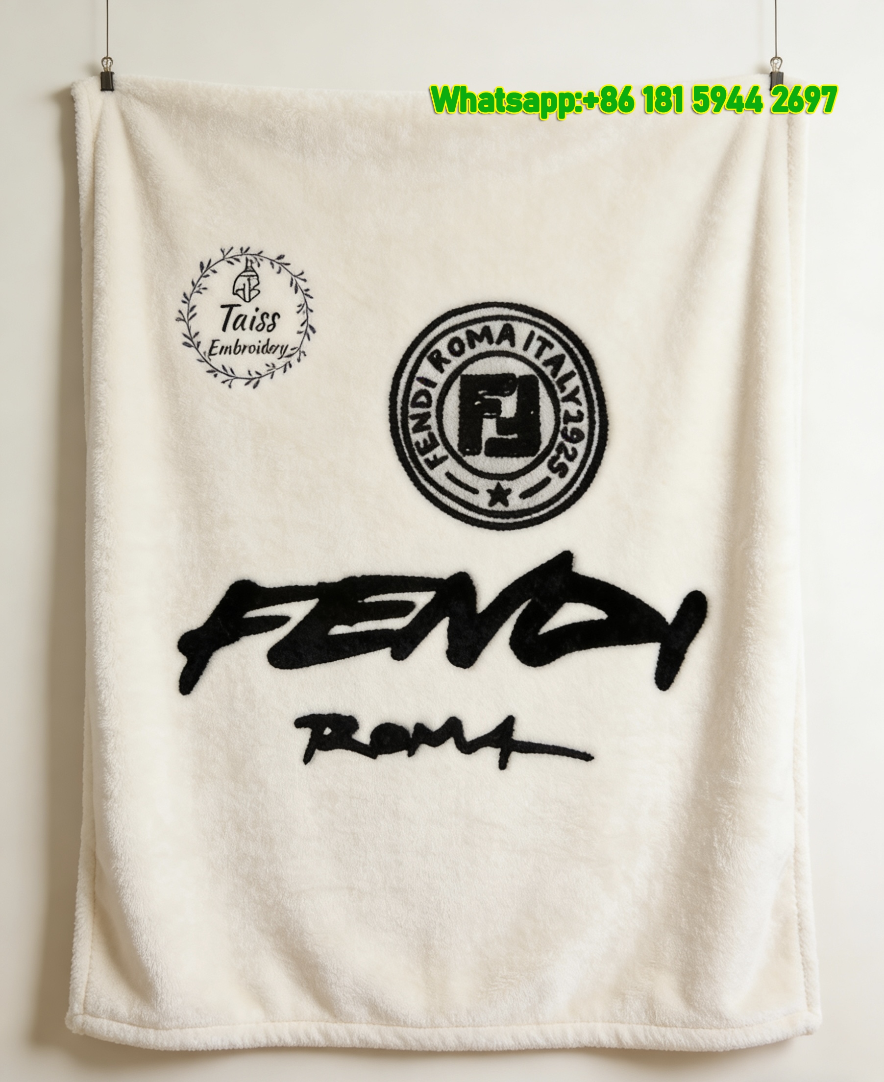 Fendi Black White Roma Logo Flannel Throw Blanket IMG_9516